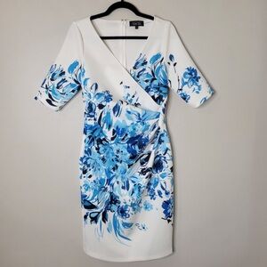 Teri Jon Elegant Blue and White Midi Floral Dress